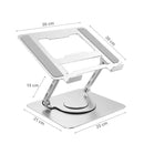 Suporte em alumínio para laptop com design ergonômico e dimensões ajustáveis para conforto.