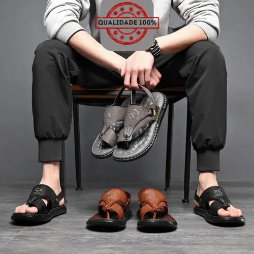 Sandália Masculina de Couro Antiderrapante - UrbanWalk - Site compre mais