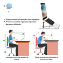 Diagrama ilustrativo do suporte para notebook com ajustes de ângulo, destacando postura correta e incorreta para ergonomia.