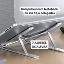 Suporte em alumínio para notebooks de até 15,6 polegadas com 7 ajustes de altura para conforto ergonômico.
