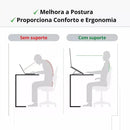 Comparação de postura com e sem suporte para notebook, destacando conforto e ergonomia.